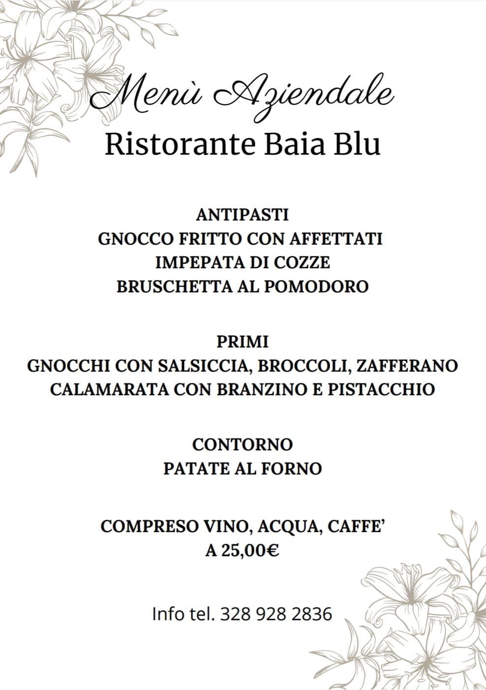 Menù del Ristorante Baia Blu: antipasto, primo, contorni. Prezzo 25€. Numero di telefono incluso.