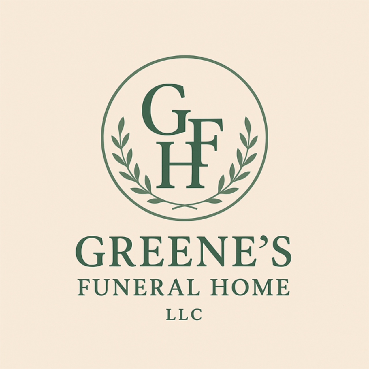 Logo for Greene's Funeral Home, featuring the initials