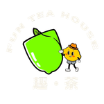 Cute yellow tea mascot beside a bright green cup, with faint &ldquo;YUN TEA HOUSE&rdquo; text in the background