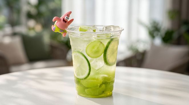 Iced lime drink with cucumber slices in a clear glass on a sunlit table, with a small cartoon bird perched on the rim