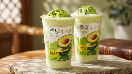 Two green avocado drinks with whipped topping on a table in warm sunlight