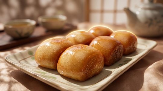Glazed buns on a rectangular plate on a table, with cups blurred in the background
