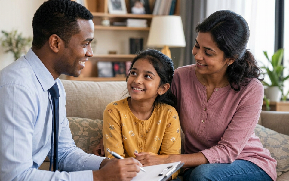 Two women smiling and talking with a man in a casual indoor conversation