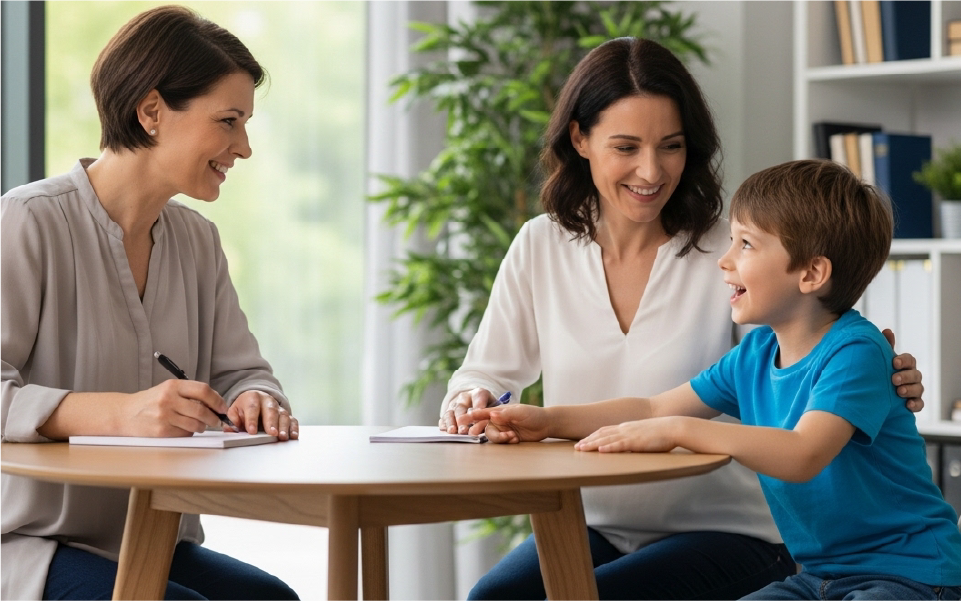 Two women smiling and talking with a man in a casual indoor conversation