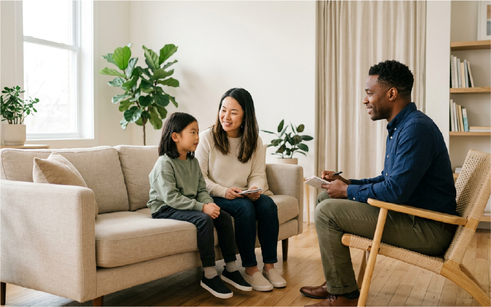 Two women smiling and talking with a man in a casual indoor conversation