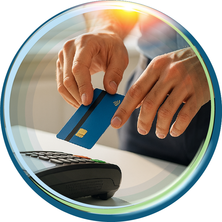 Hands hold a blue payment card above a card terminal to complete a transaction.