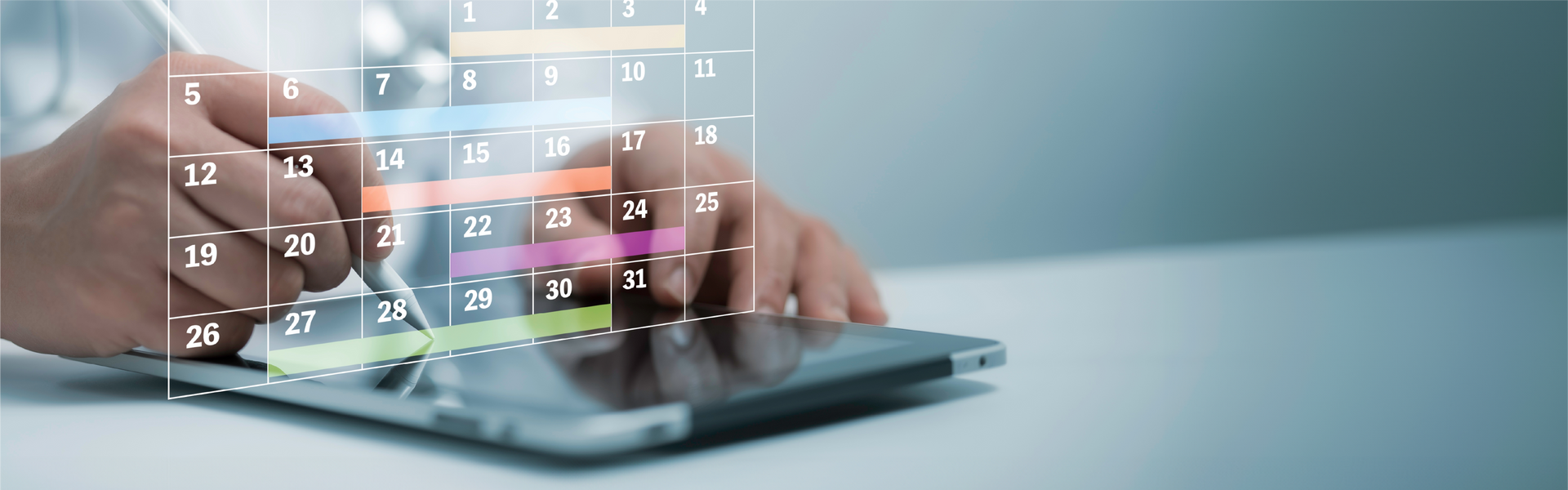Person using a tablet with a calendar overlay, indicating scheduling or planning.