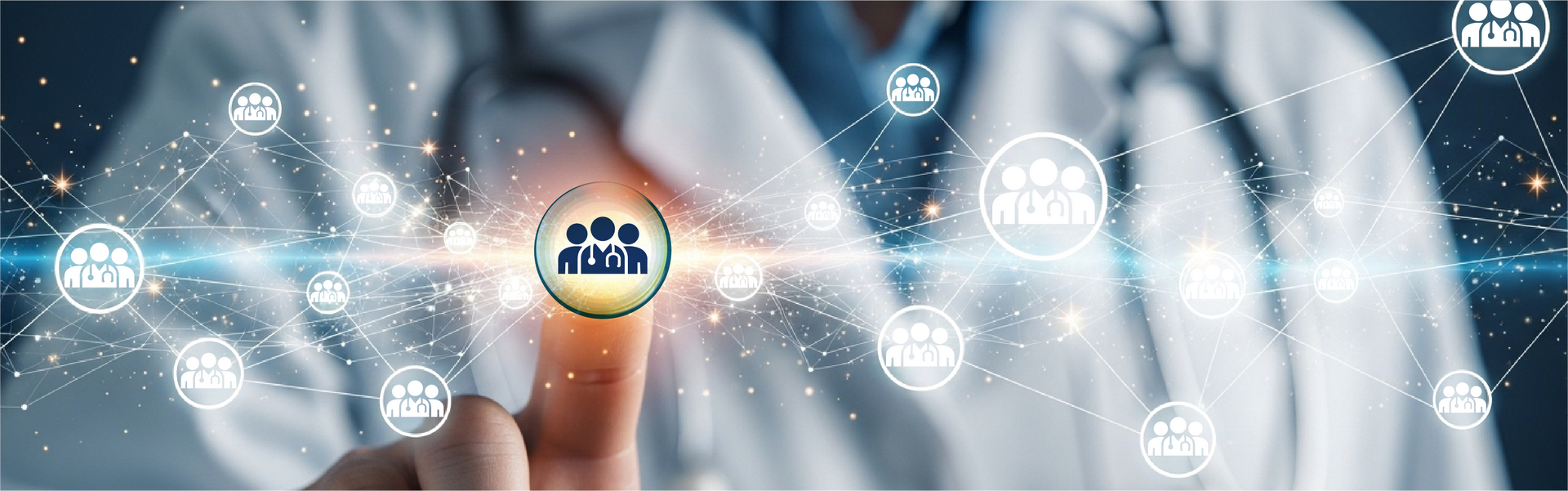 Doctor in white coat pointing to teamwork icon in digital network.