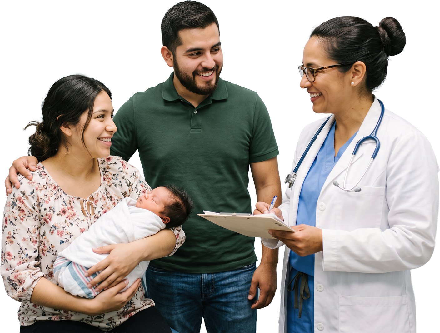 Family with newborn speaking to a doctor in a white coat holding a clipboard