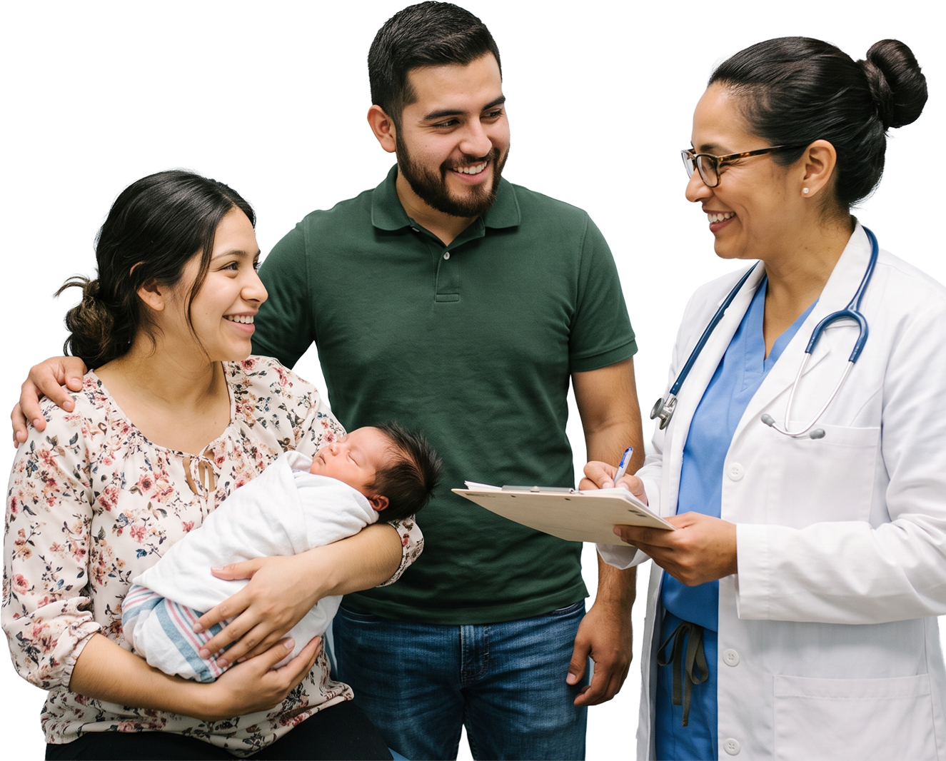 Family with newborn speaking to a doctor in a white coat holding a clipboard