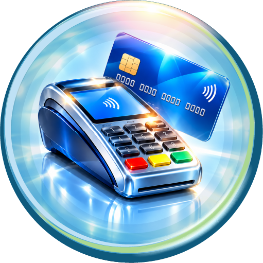 Blue card payment terminal with a contactless credit card beside it