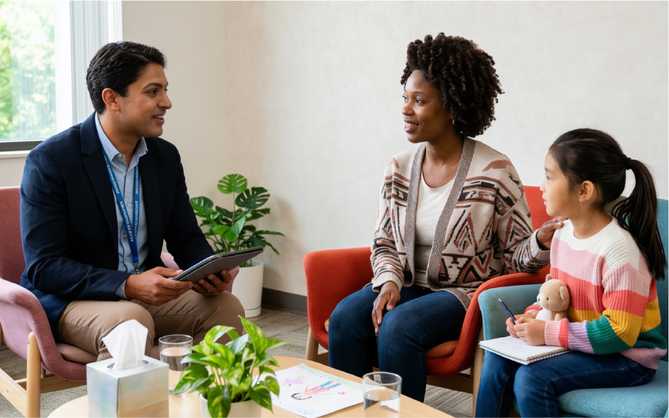 Two women smiling and talking with a man in a casual indoor conversation