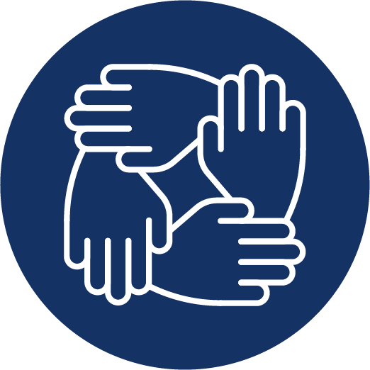 Three outline heads with a heart above the first, set against a dark blue circle.
