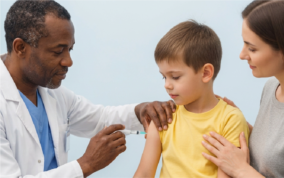 Healthcare worker in blue gloves checks a child’s arm while seated in a bright clinic.