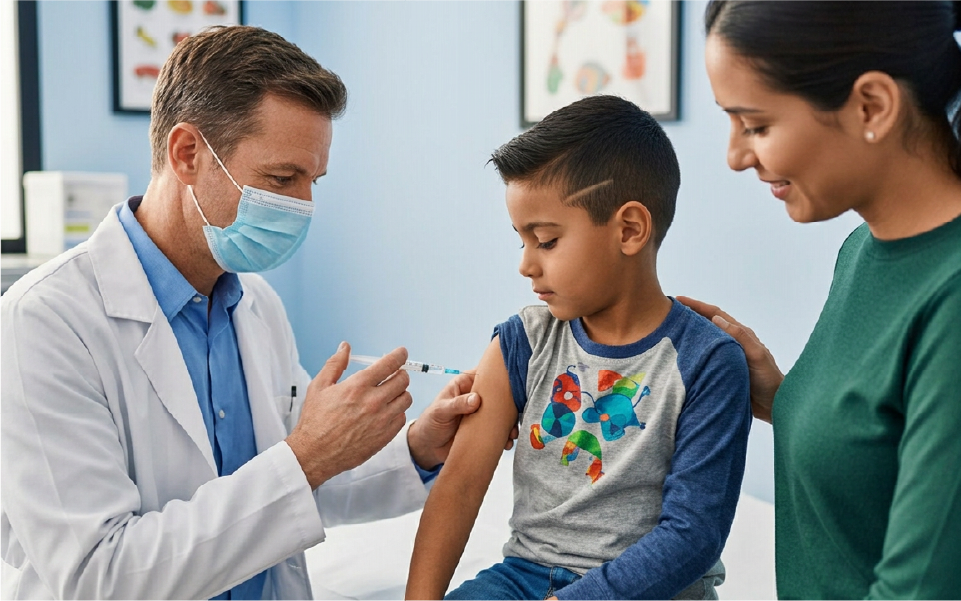 Healthcare worker in blue gloves checks a child’s arm while seated in a bright clinic.