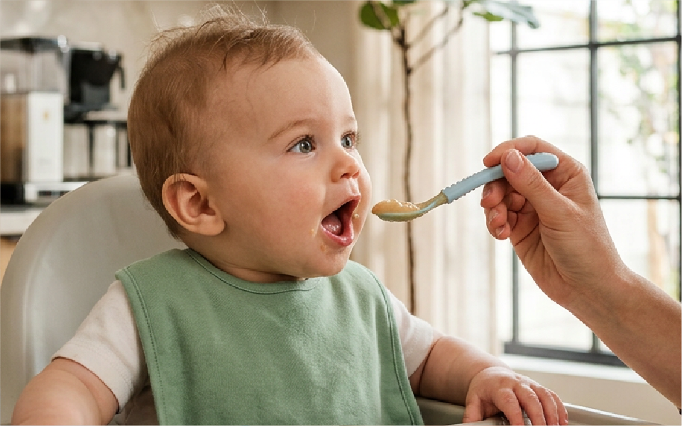 Baby being fed with a spoon, wearing a white bib and looking up with mouth open.