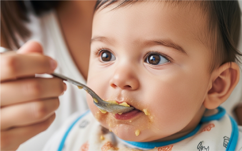 Baby being fed with a spoon, wearing a white bib and looking up with mouth open.