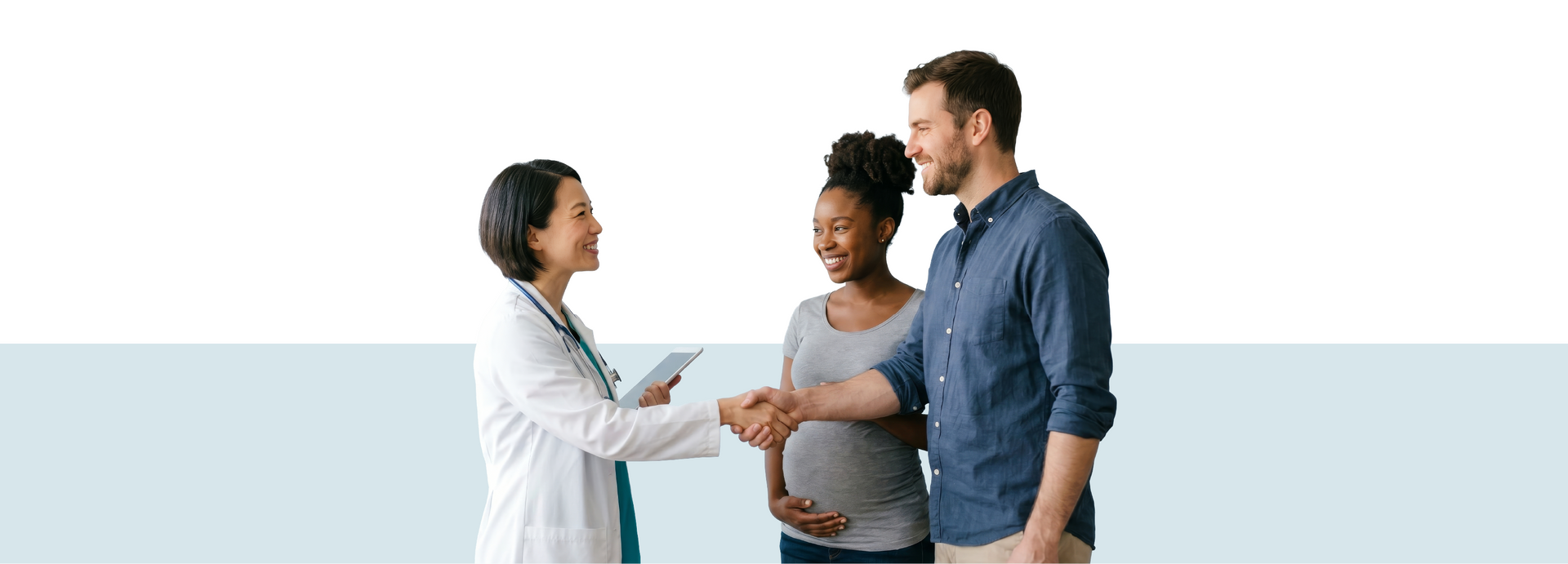 A female physician is shaking the hand of a man with his pregnant wife standing next to them. PediaTrust serves pediatric patients in Schaumburg, IL and surrounding areas.