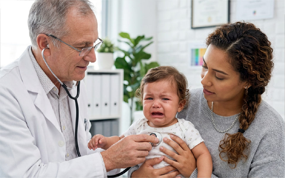 Doctor examining a crying baby while a parent holds them outdoors on a porch