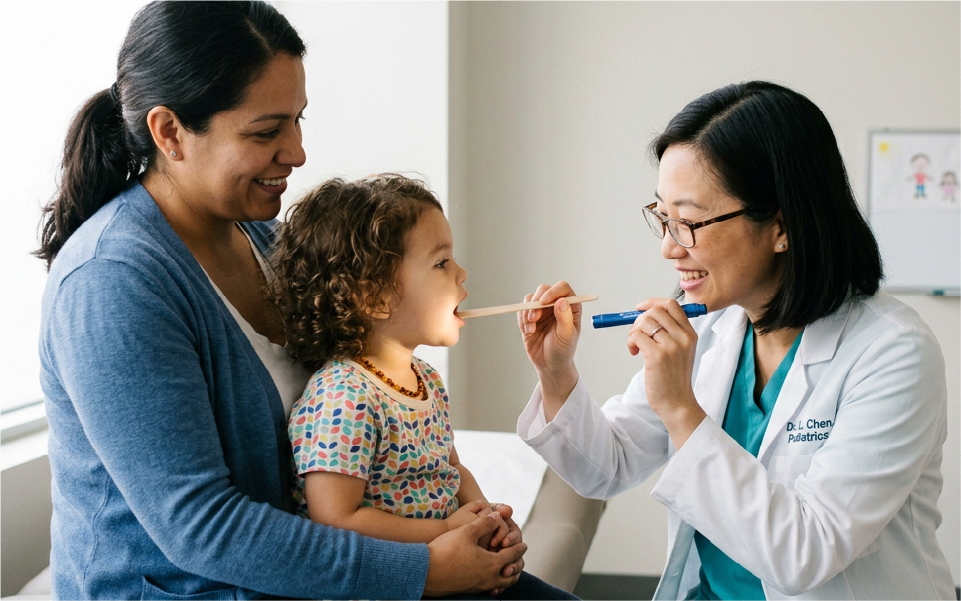 Doctor examining a crying baby while a parent holds them outdoors on a porch