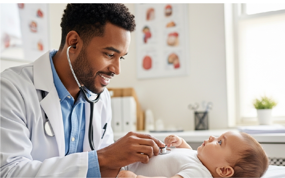 Doctor examining a crying baby while a parent holds them outdoors on a porch