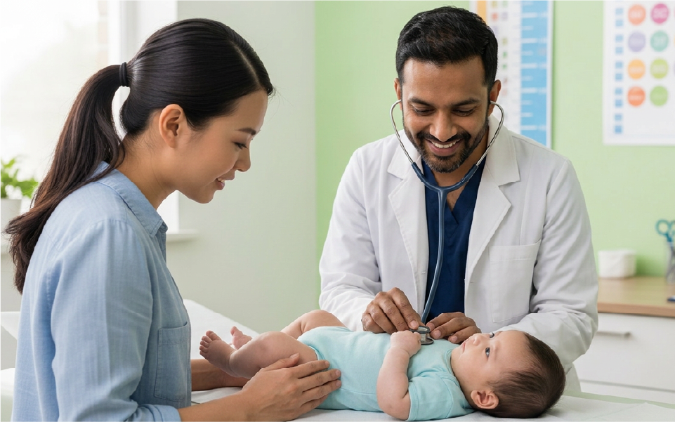 Doctor examining a crying baby while a parent holds them outdoors on a porch