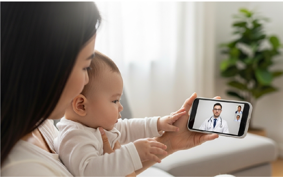Woman holding a child while video chatting on a smartphone in a bright home kitchen