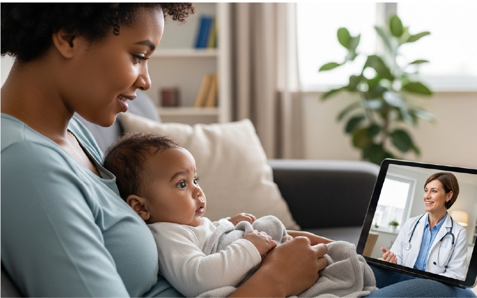 Woman holding a child while video chatting on a smartphone in a bright home kitchen