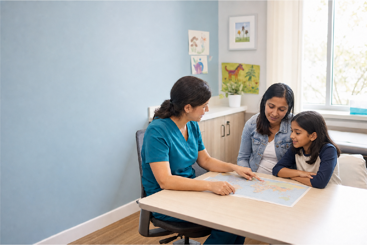 A clinician in teal scrubs discusses a world map with a mother and her daughter in a bright travel clinic.
