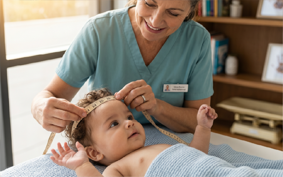 Baby being measured with a tape measure on the head by hands in a clinical setting