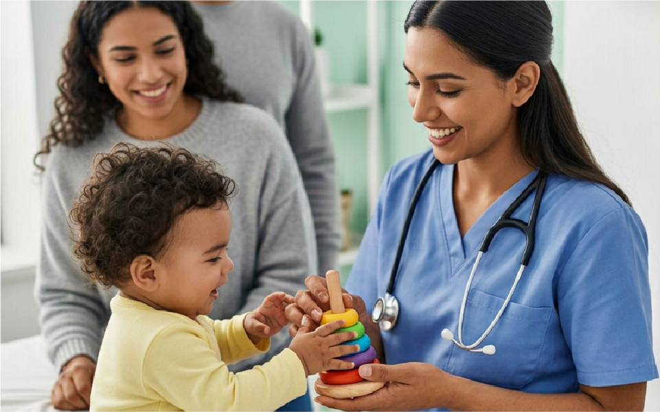 Baby being measured with a tape measure on the head by hands in a clinical setting