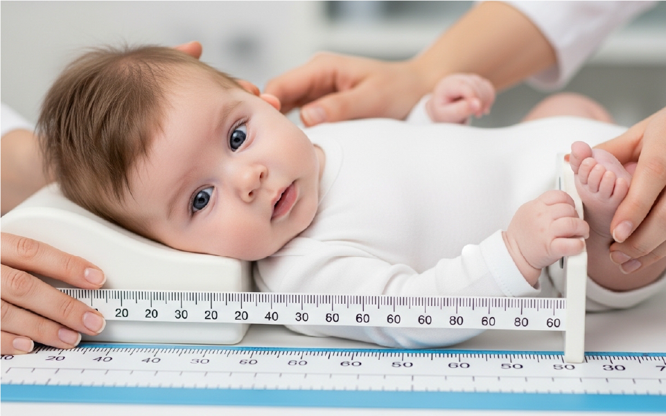 Baby being measured with a tape measure on the head by hands in a clinical setting