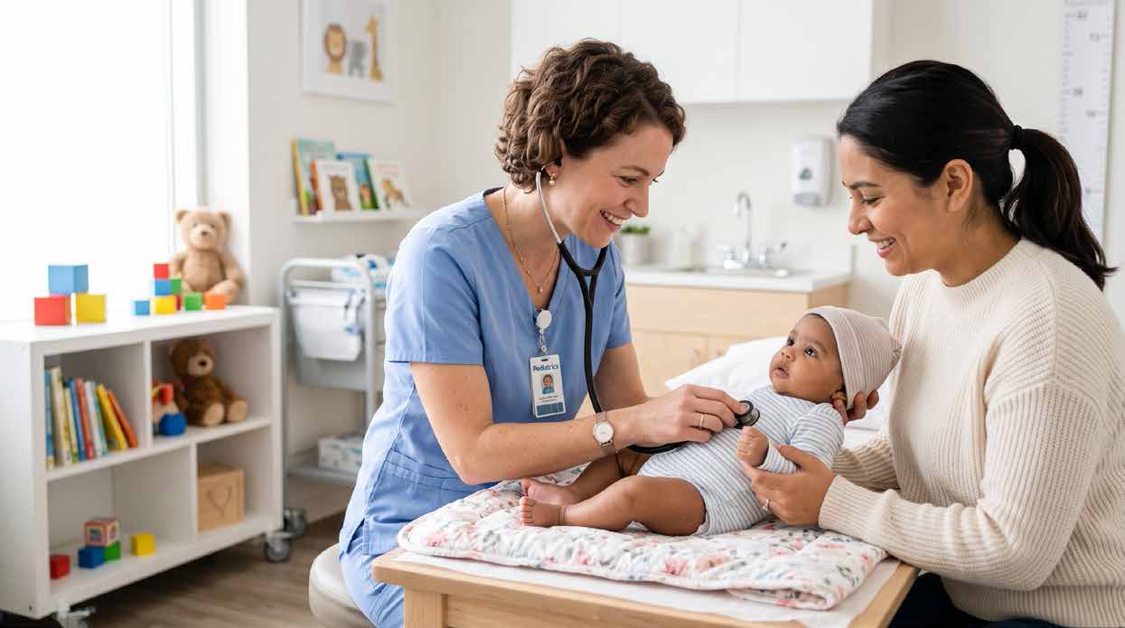 Caregiver and parent smiling at a baby during a checkup in a bright pediatric exam room