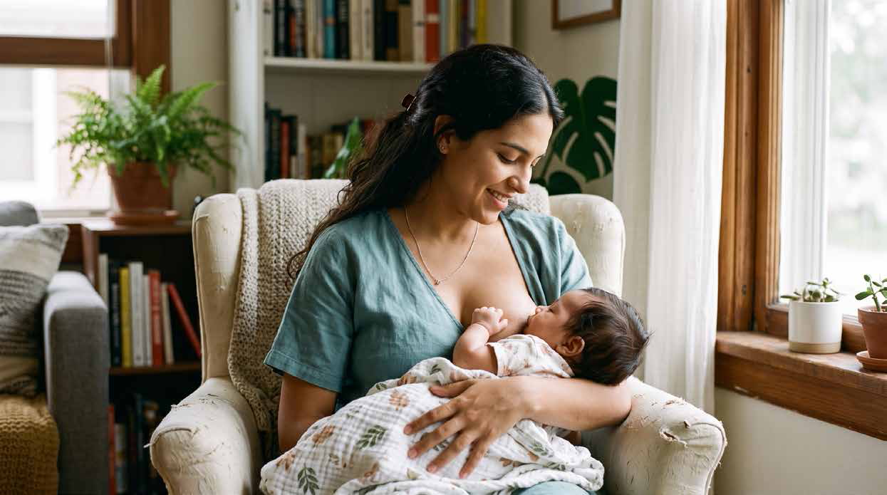 Woman sitting in a chair, smiling down at a sleeping baby in her arms by a bright window