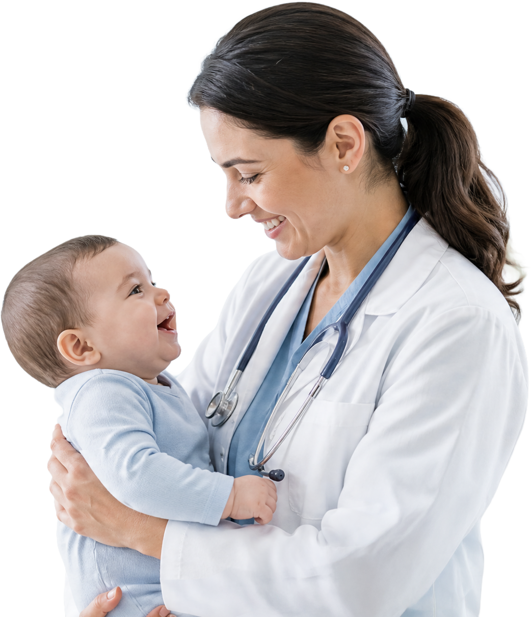 Doctor smiling at a baby in a white coat, holding a stethoscope in a clinical setting