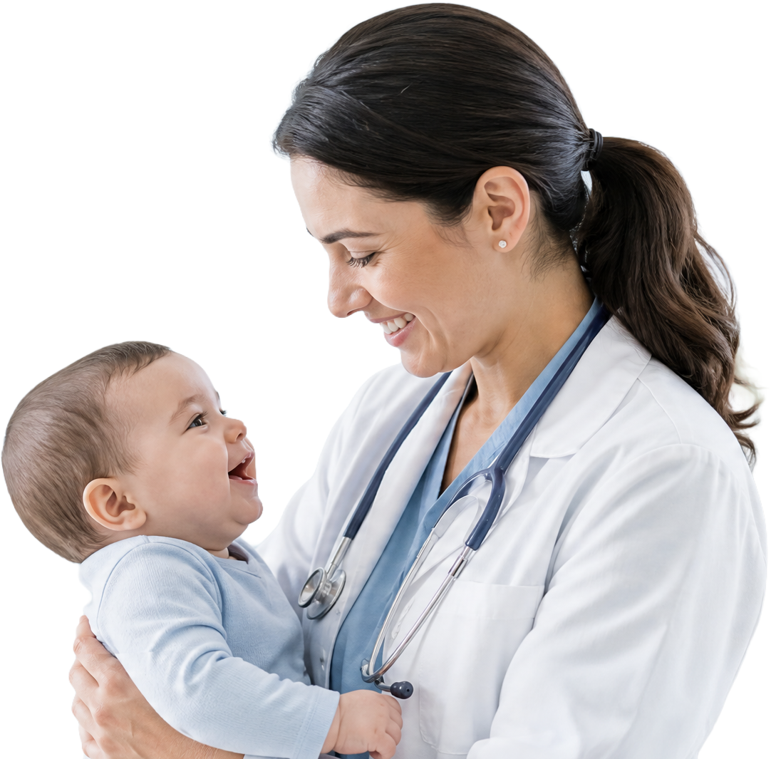 Doctor smiling at a happy baby in a white coat with a stethoscope