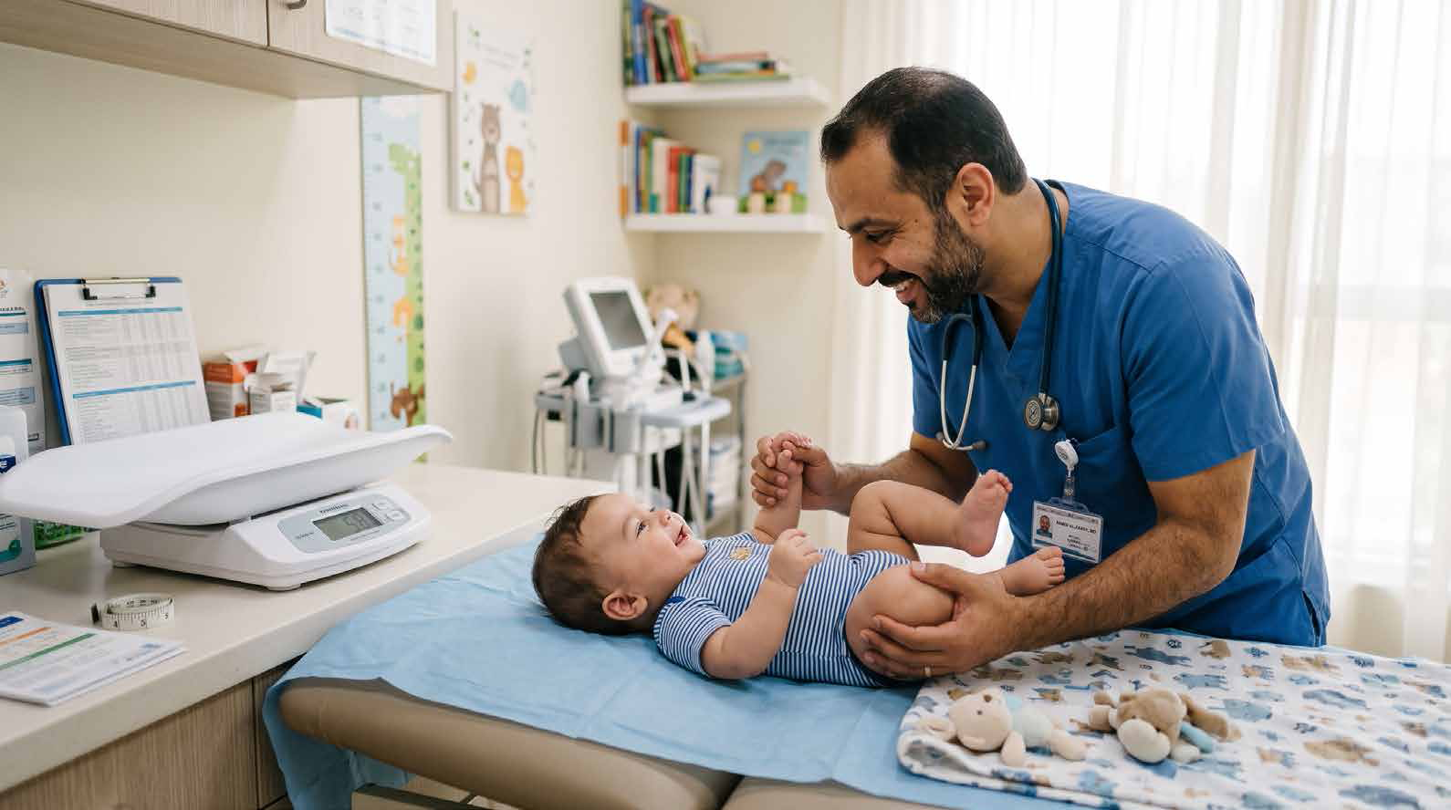Pediatrician smiling at a baby on an exam table in a bright clinic room