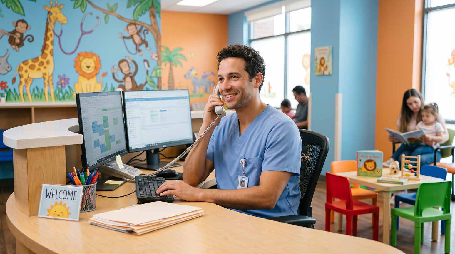 Man smiling at a desk in a colorful childcare center, working on a desktop computer while children play nearby