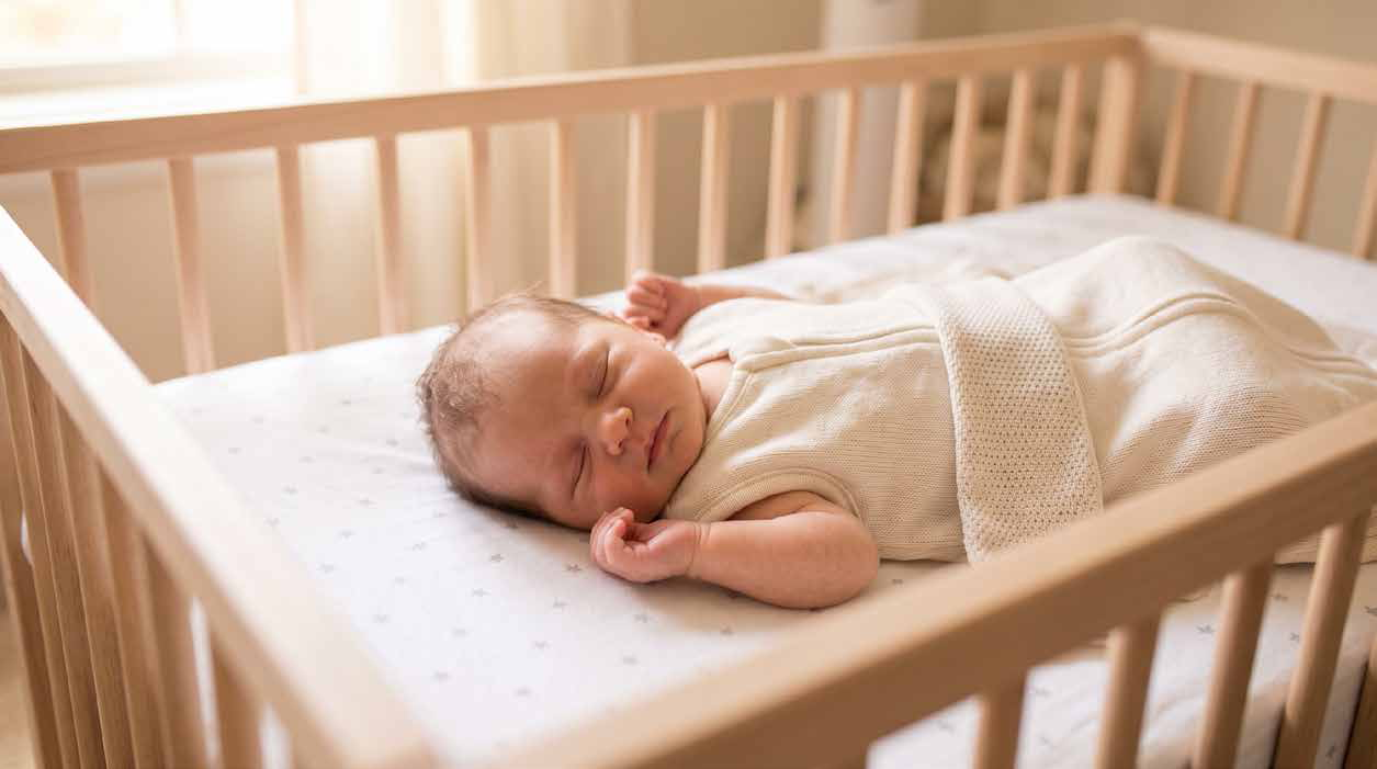 Sleeping baby in a white crib, wrapped in a cream blanket with soft sunlight