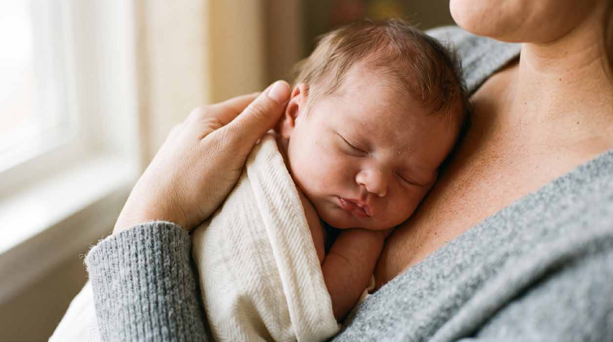 Sleeping newborn wrapped in a blanket, resting on an adult’s shoulder near a bright window