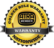 Golden Rule Warranty badge: gold, black, and white seal, 