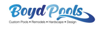 Boyd Pools logo with blue script text and tagline: Custom Pools • Remodels • Hardscape • Design