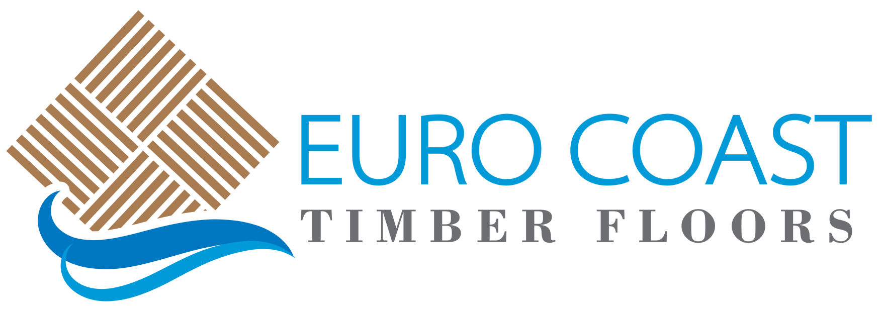 Euro Coast Timber Floors logo with tan wood-grain diamond and blue wave under blue text