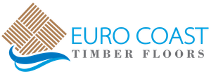 Euro Coast Timber Floors logo with tan geometric emblem and blue wave over blue text on white background