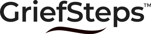 The griefsteps logo is black and white and has a swirl in the middle.