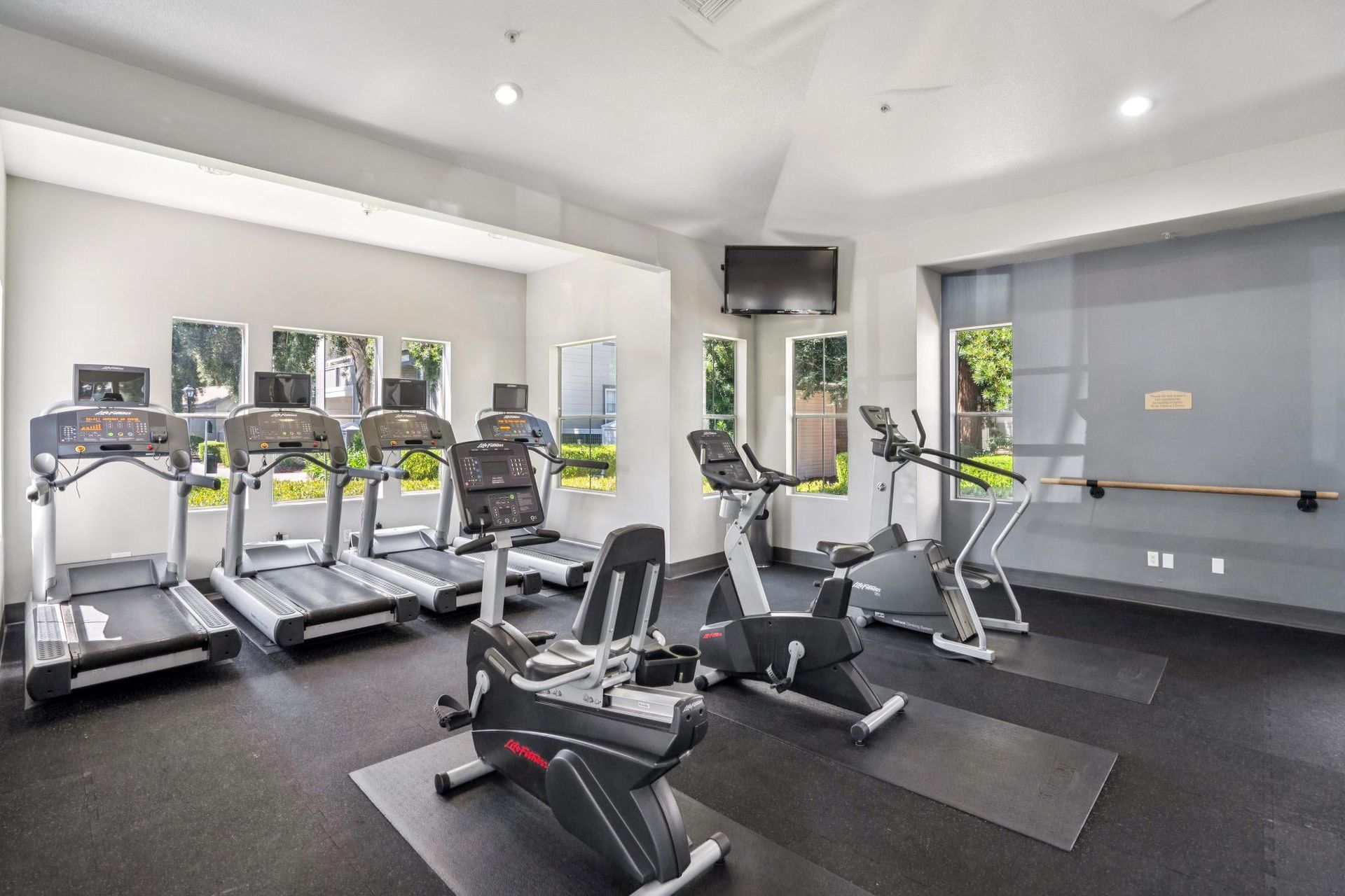 Modern gym with treadmills, exercise bikes, and weight machines in a bright room
