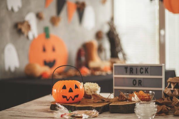 A table decorated for Halloween