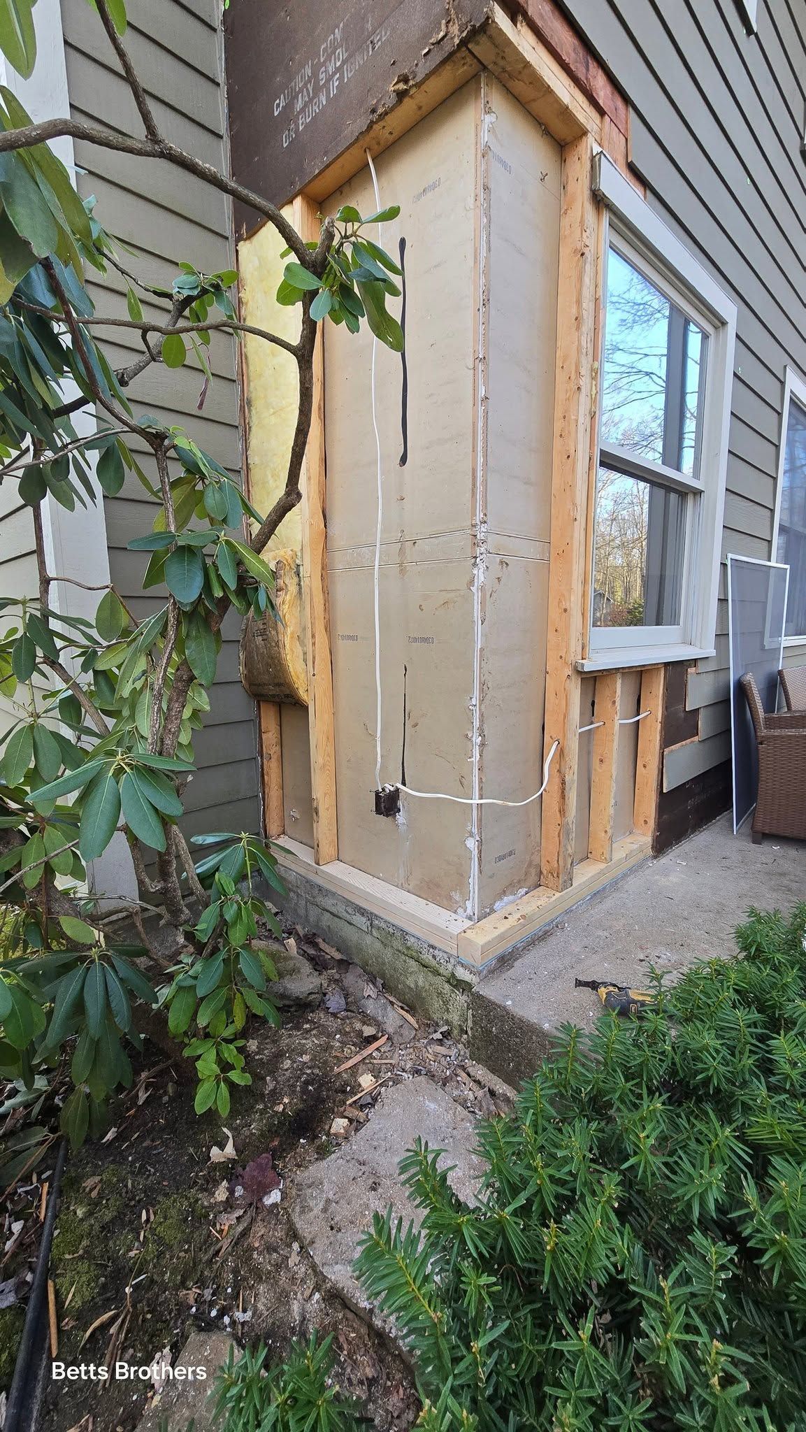 Damaged exterior wall with exposed sheathing and door trim beside gray siding and garden plants