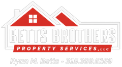 Betts Brothers Property Services LLC logo with red house roofs and gray text, plus contact number 315-399-6169