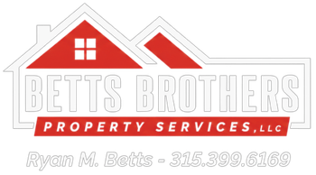 Betts Brothers Property Services LLC logo with red house roofs and gray text, plus contact number 315-399-6169